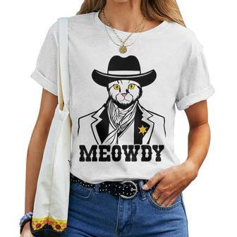 Western Cat Men Women Graphic Cat Meme Fun Cat Meowdy Meme Women T-shirt Crewneck | Mazezy