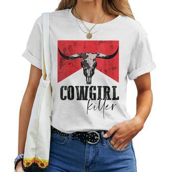 Western Cowboy Vintage Cowgirl Killers Cow Skull Rodeo Rodeo Women T-shirt Crewneck | Mazezy