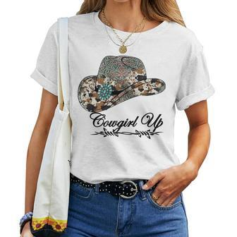 Western Cowgirl Up Leopard Turquoise Hat Cowhide Rodeo Women T-shirt | Mazezy