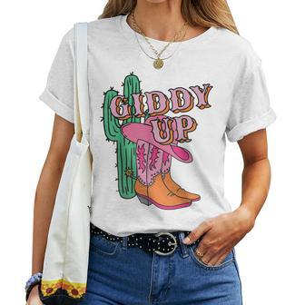 Western Texas Giddy Up Cowgirl Cowboy Boots Cactus Women T-shirt | Mazezy