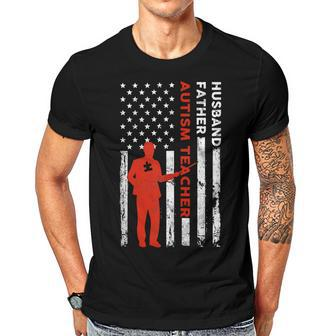 Autism Teacher Husband Dad Vintage Usa Flag American Fathers Gift For Women Men T-shirt Crewneck Short Sleeve | Mazezy