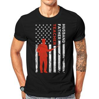 Teacher Husband Dad Vintage Usa Flag American Fathers Gift For Womens Gift For Women Men T-shirt Crewneck Short Sleeve | Mazezy