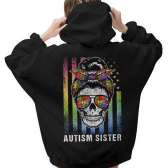 Autism Sister Cool Messy Bun Girl Usa American Flag Vintage For Sister Women Hoodie Back Print | Mazezy