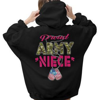 Proud Army Niece Us Flag Camo Dog Tags Pride Military Family Women Hoodie Back Print | Mazezy