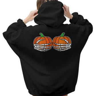 Skeleton Hand On Chest Pumpkin Boobs Halloween Boob Women Women Hoodie Back Print | Mazezy