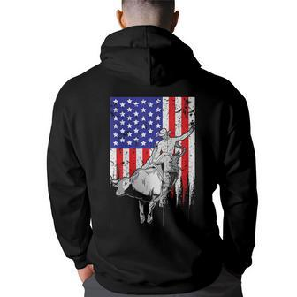 American Flag Bucking Bull Riding Patriotic Rodeo Rider Patriotic Funny Gifts Back Print Hoodie | Mazezy