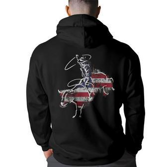 American Rodeo Bull Riding Retro Grunge Usa Vintage Flag Rodeo Funny Gifts Back Print Hoodie | Mazezy