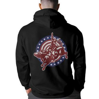 Bull Riding Rodeo Rider Cowboy Vintage American Usa Flag Rodeo Funny Gifts Back Print Hoodie | Mazezy