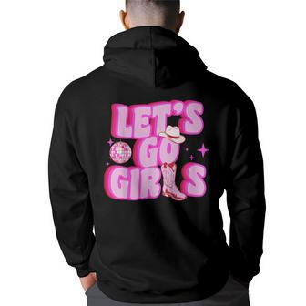 Cowgirl Lets Go Girls Cowgirl Pink Hat Boots Western Back Print Hoodie | Mazezy