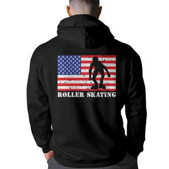 Distressed Roller Skating Usa American Flag | Vintage Skater Usa Funny Gifts Back Print Hoodie | Mazezy