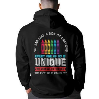 First Day Back To School We Are Like Box Of Crayons Teacher Hoodie Back Print - Seseable