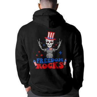 Freedom Rocks Skeleton American Flag Independence Day 1776 1776 Funny Gifts Back Print Hoodie | Mazezy