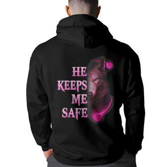 He Keeps Me Safe - She Keeps Me Wild Couple Wolves Back Print Hoodie | Mazezy
