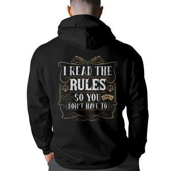 I Read The Rules So You Dont Have To Board Games Cards Games Funny Gifts Back Print Hoodie | Mazezy