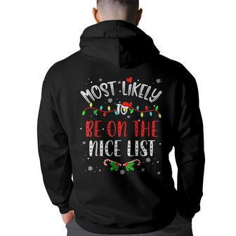 Most Likely To Be On The Nice List Santa Hat Xmas Pajama Back Print Hoodie | Mazezy