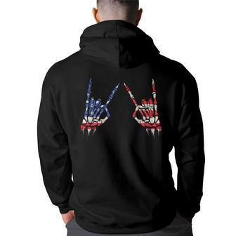 Patriotic Usa Flag Skeleton Rock On Devil Horns 4Th Of July Patriotic Funny Gifts Back Print Hoodie | Mazezy
