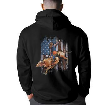 Rodeo Bull Riding American Flag Cowboy Bull Rider Rodeo Funny Gifts Back Print Hoodie | Mazezy