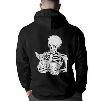 Skeleton Holding A Cat Lazy Halloween Costume Skull Hoodie Back Print - Seseable