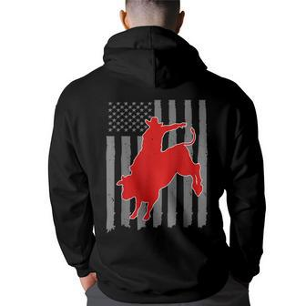 Vintage American Flag Bucking Bull Riding Patriotism Rodeo Rodeo Funny Gifts Back Print Hoodie | Mazezy