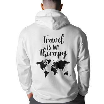Travel Is My Therapy World Map Traveling Vacation Beach Gift Traveling Funny Gifts Back Print Hoodie | Mazezy