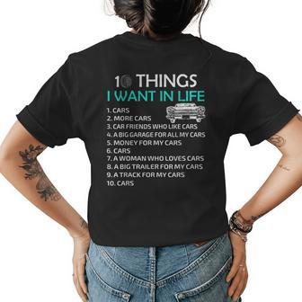 10 Things I Want In My Life Car More Cars I Want Car In Life Womens Back Print T-shirt - Thegiftio UK