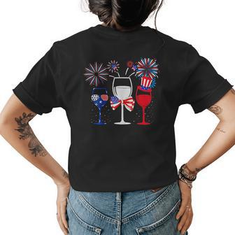 4Th Of July Red White Blue Wine Glasses Fireworks Usa Womens Back Print T-shirt | Mazezy