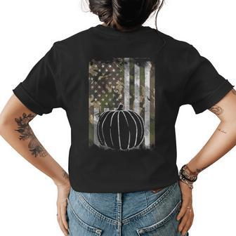 Camo American Flag Pumpkin Halloween Patriotic Fall Autumn Halloween Womens T-shirt Back Print | Mazezy