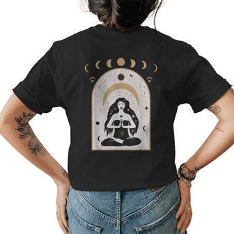 Celestial Moon Phases And Girl Meditation Boho Wicca Yoga Womens Back Print T-shirt | Mazezy