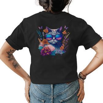 Cute Cat With Sunglasses Flowers & Butterflies Design Womens Back Print T-shirt | Mazezy