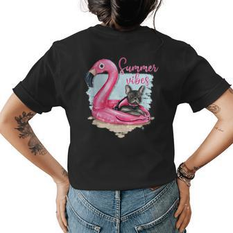 Cute French Bulldog Flamingo Summer Vibes Beach Trendy Womens Back Print T-shirt | Mazezy