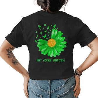 Daisy Butterfly Green Ribbon Liver Disease Warrior Gifts Womens Back Print T-shirt | Mazezy