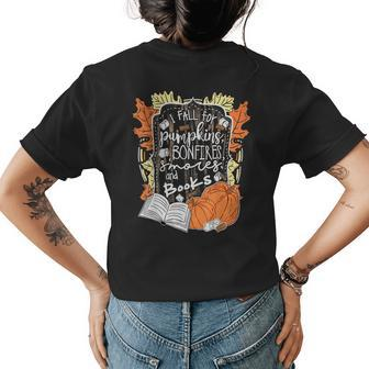 I Fall For Pumpkins Bonfires S'mores Books Halloween Reader Halloween Womens T-shirt Back Print | Mazezy