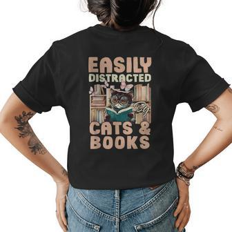 Family Cat Easily Distracted By Cats And Books Cats & Coffee Gifts For Coffee Lovers Funny Gifts Womens Back Print T-shirt | Mazezy