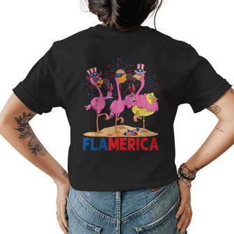 Flamerica Pink Flamingos Wine Glass Indepedence Day Summer Womens Back Print T-shirt | Mazezy
