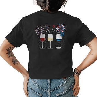 Funny Wine Glass Red White And Blue Firework Wine Funny Gifts Womens Back Print T-shirt | Mazezy