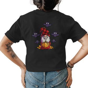 Gnome Halloween Buffalo Plaid Pumpkin Candy Corn Bats Fall Halloween Womens T-shirt Back Print | Mazezy