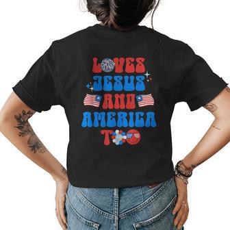 Groovy 70S Retro Loves Jesus And America Too 70S Vintage Designs Funny Gifts Womens Back Print T-shirt | Mazezy