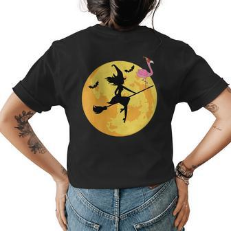 Halloween Flying Witch Broom Pink Flamingo Easy Costume Womens Back Print T-shirt | Mazezy