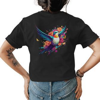 Hummingbird Design W Bright Vivid Colors & A Floral Splash Womens Back Print T-shirt | Mazezy