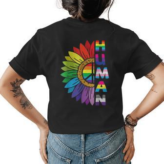 Lgbtq Human Pride Month Rainbow Peace Sign Flower Womens Back Print T-shirt | Mazezy