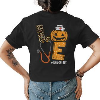Love Nurse Life Pumpkin Leopard Fall Halloween Nurses Women Womens T-shirt Back Print | Mazezy