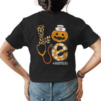 Love Nurse Pumpkin Leopard Fall Halloween Thanksgiving Nurse Womens T-shirt Back Print | Mazezy