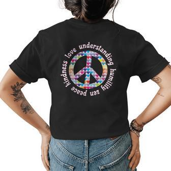 Peace Kindness Love Peace Sign Hearts Be Kind Womens Back Print T-shirt