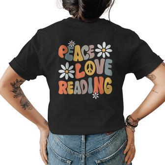 Peace Love Reading Groovy Bookworm Book Nerd Reading Teacher Gifts For Teacher Funny Gifts Womens Back Print T-shirt | Mazezy