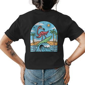 Pink Flamingo Surfing Retro Sun Beach Palm Tree Summer Vibes Womens Back Print T-shirt | Mazezy