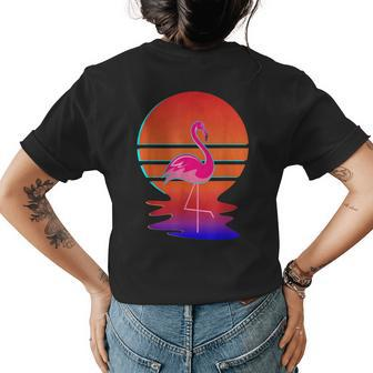 Pink Wading Flamingo In Front Of Retro Glitch Sunset Womens Back Print T-shirt | Mazezy