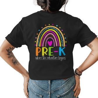 Pre-K Rainbow Teacher Where The Adventure Begins Womens Back Print T-shirt - Thegiftio UK