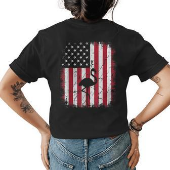 Retro Vintage Flamingo American Flag 4Th Of July Usa Womens Back Print T-shirt | Mazezy