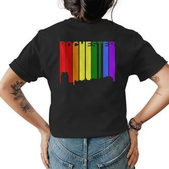 Rochester Minnesota Lgbtq Gay Pride Rainbow Skyline Womens Back Print T-shirt | Mazezy