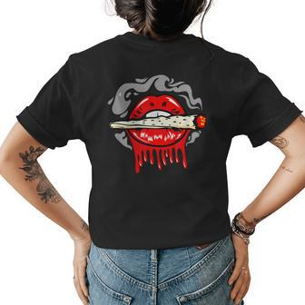 Sexy Women Smoking Red Lips Biting Weed Joint Funny Lip Kiss Womens Back Print T-shirt | Mazezy